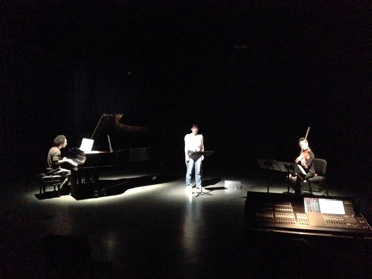 Josh Charney, Jessica Aszodi, and Amy Cimini rehearse A Thin Line (A New Radio Opera) . (Photo: Jessica C. Flores)