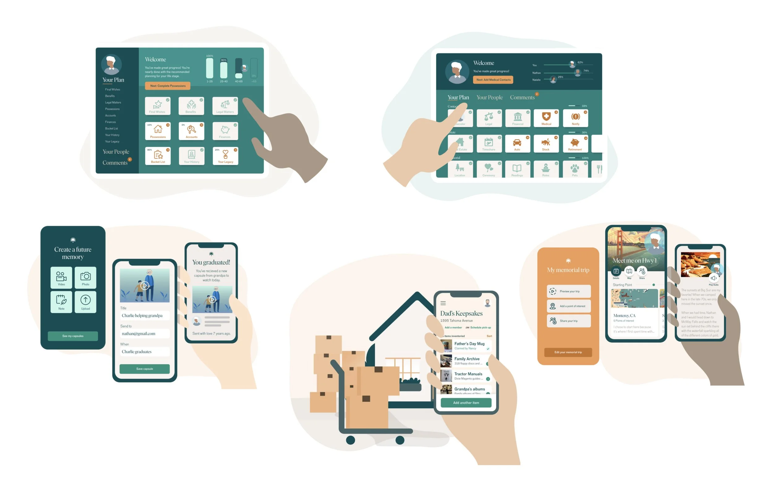 Multiple hands holding smartphones displaying various screens of digital apps and websites, representing communication, planning, and memory sharing.