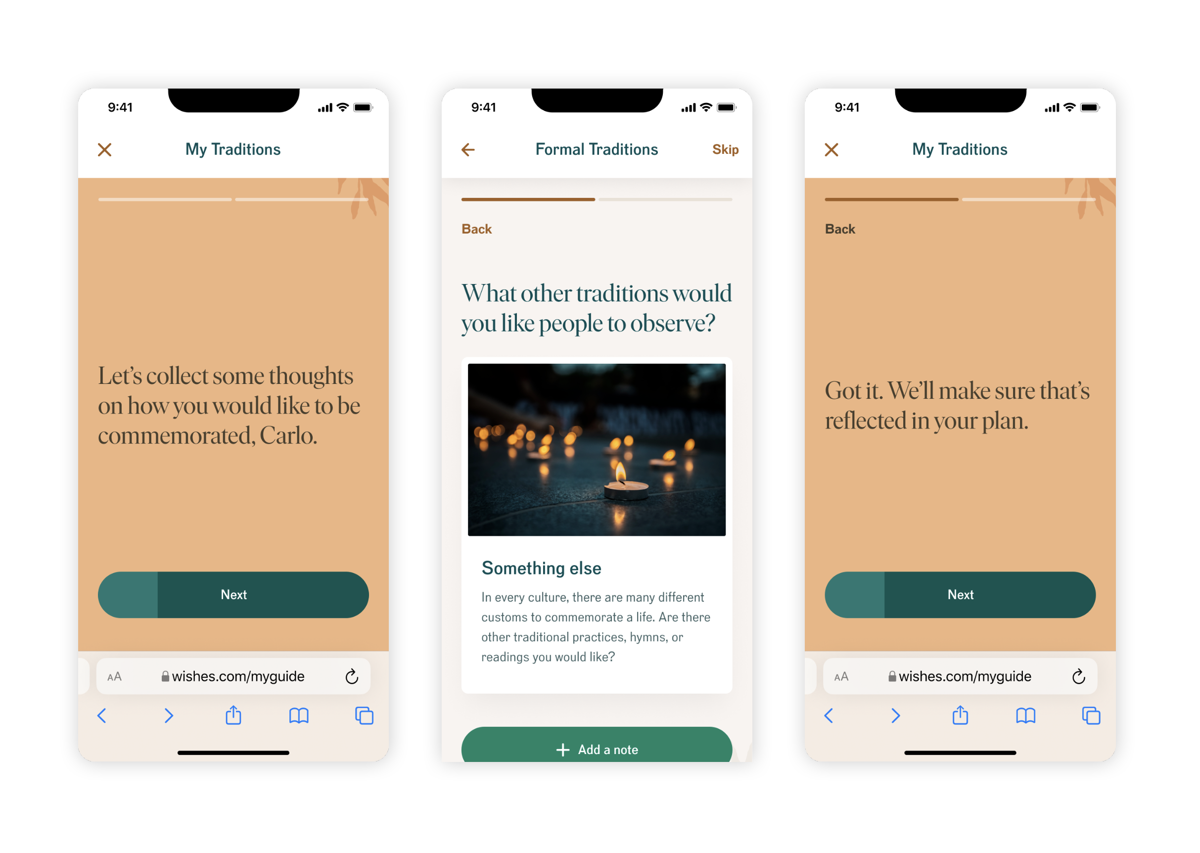 Screenshots of a mobile app interface titled "My Traditions," with different sections about traditional cultural practices, including one titled "Formal Traditions" and a photo of lit candles at night in one of the screens.