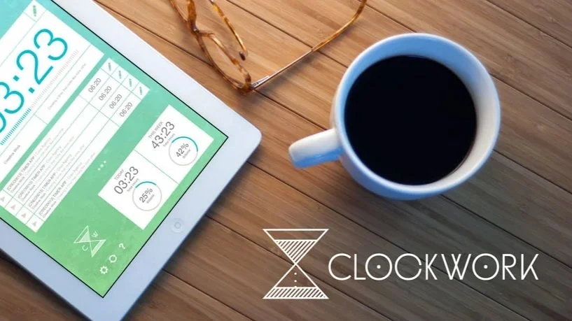 A tea timer on an iPad, a white cup of coffee, and a pair of glasses on a wooden surface, with the text 'Clockwork' and an hourglass logo.