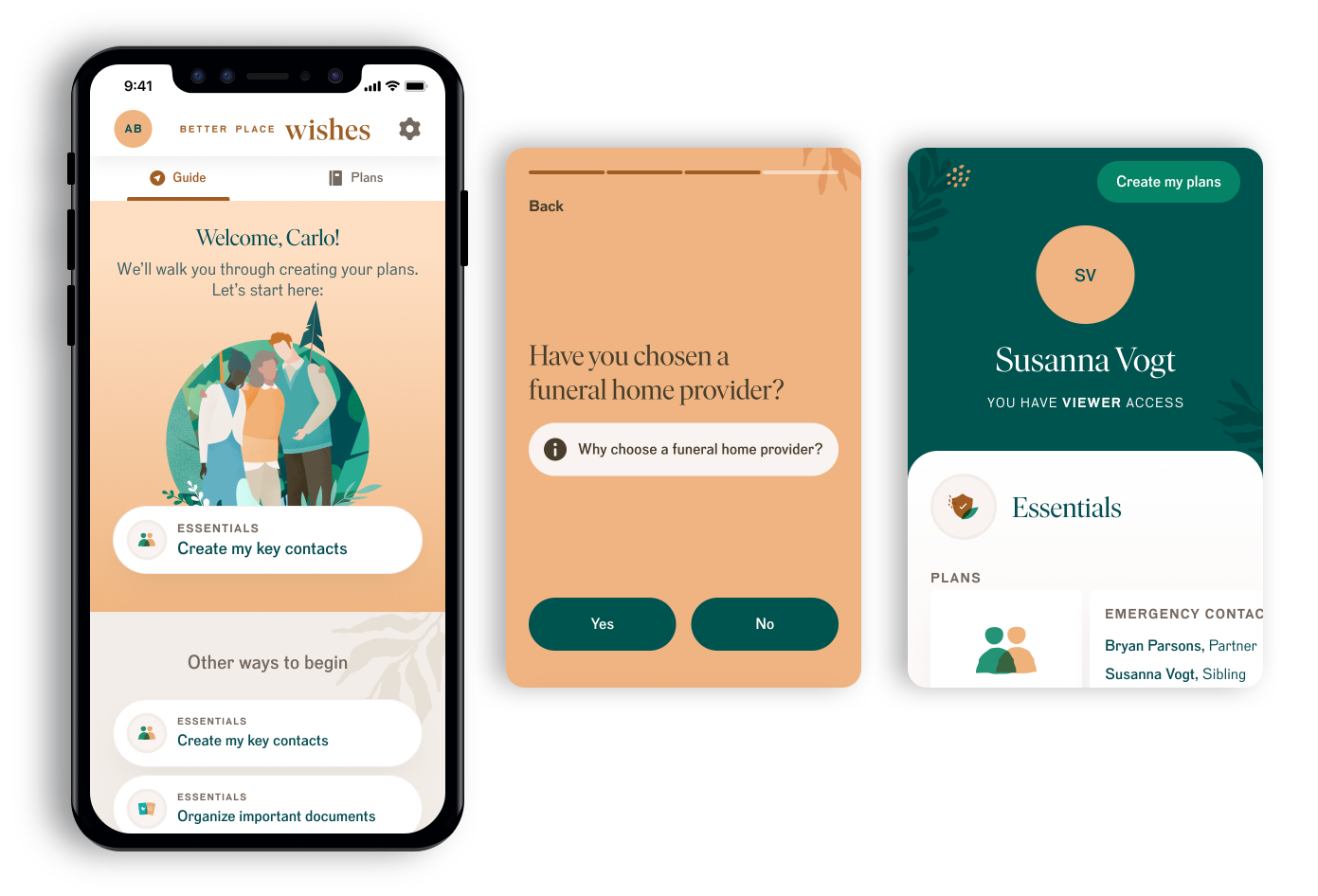 Screenshots of a mobile app interface with three screens. The first screen welcomes a user named Carlo, showing options for creating key contacts and organizing documents. The second screen asks if the user has chosen a funeral home provider, with yes or no buttons. The third screen shows a user named Susanna Vogt with view-only access, options for creating plans, and emergency contact information.