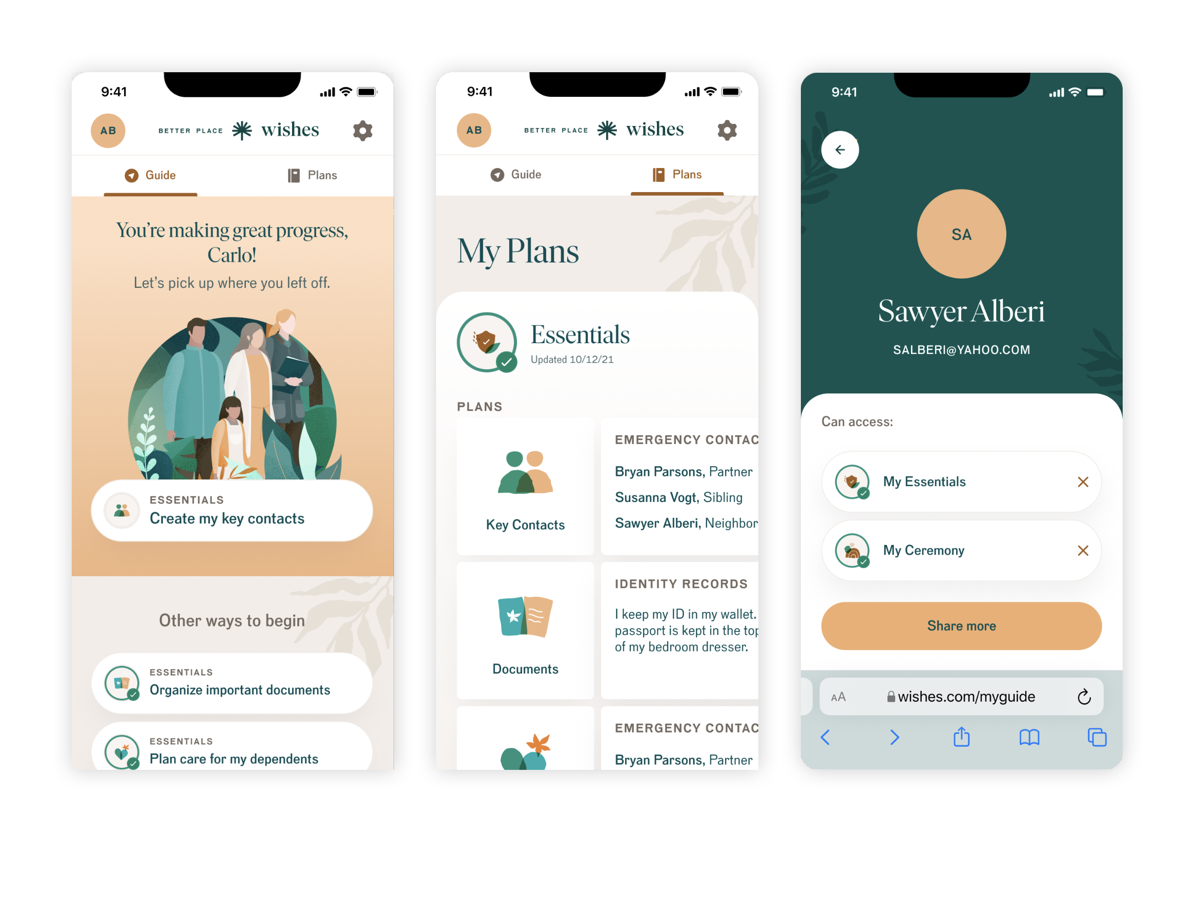 Screenshots of a mobile app called Wishes, showing user interface with personalized greetings, plan management options, and contact information in a clean, soothing color scheme of teal, beige, and white.