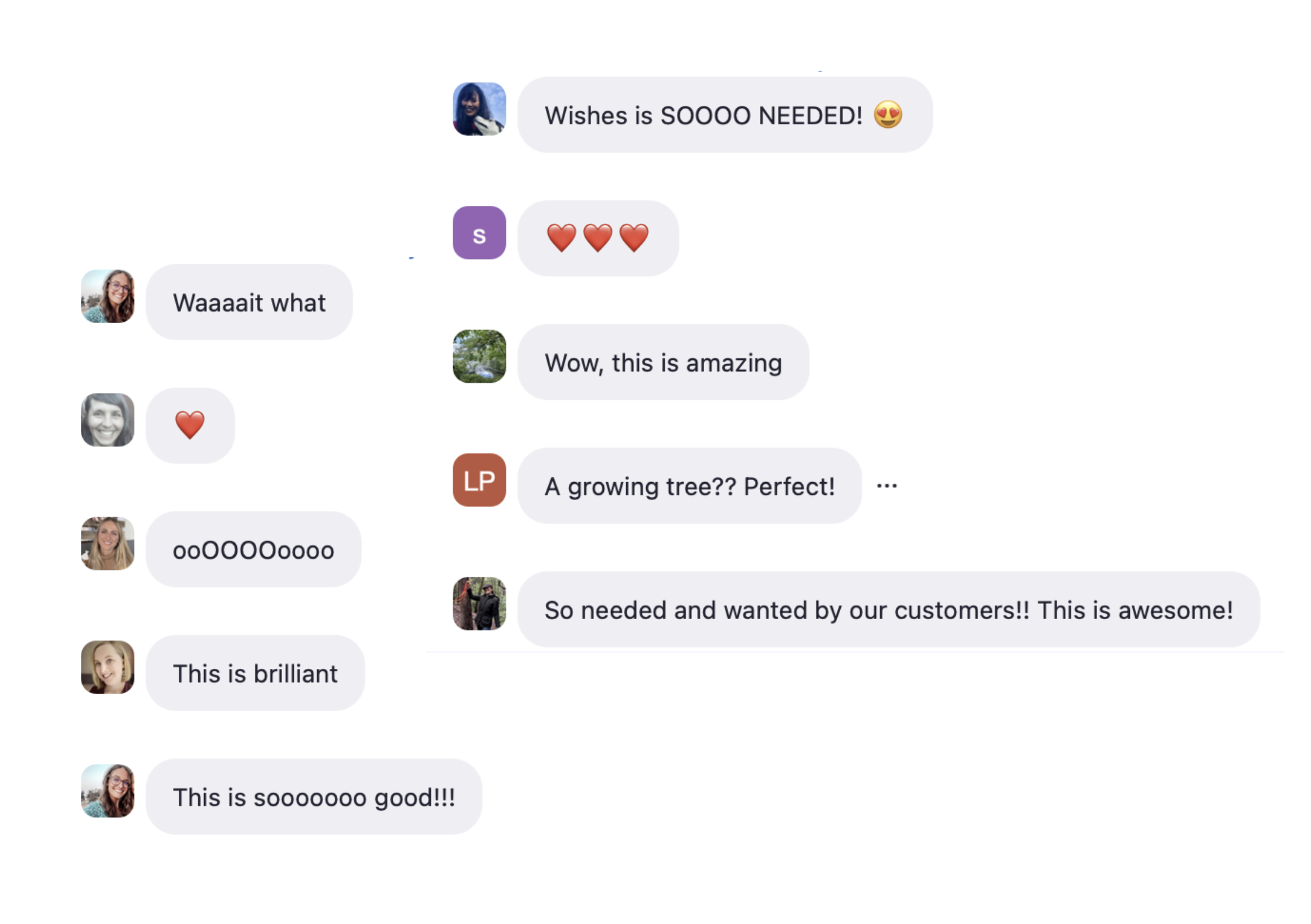 Screenshots of a chat conversation with multiple users expressing excitement and admiration, including heart emojis, about a product or idea, with some comments about a growing tree.