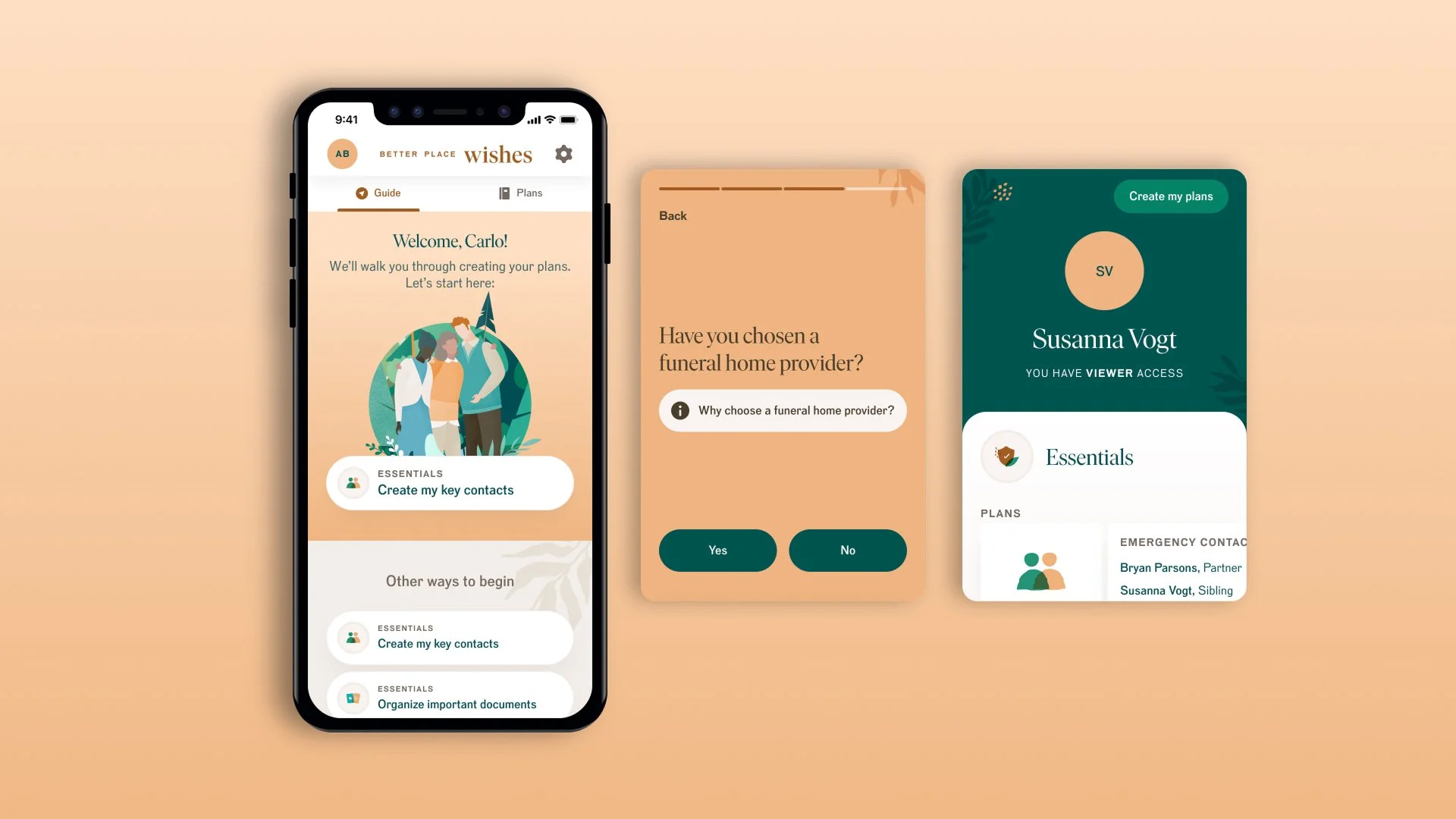 A digital mockup displaying a mobile app interface called 'Wishes' with screens for creating and managing funeral wishes, featuring a friendly illustration of a family and options for creating key contacts and plans.