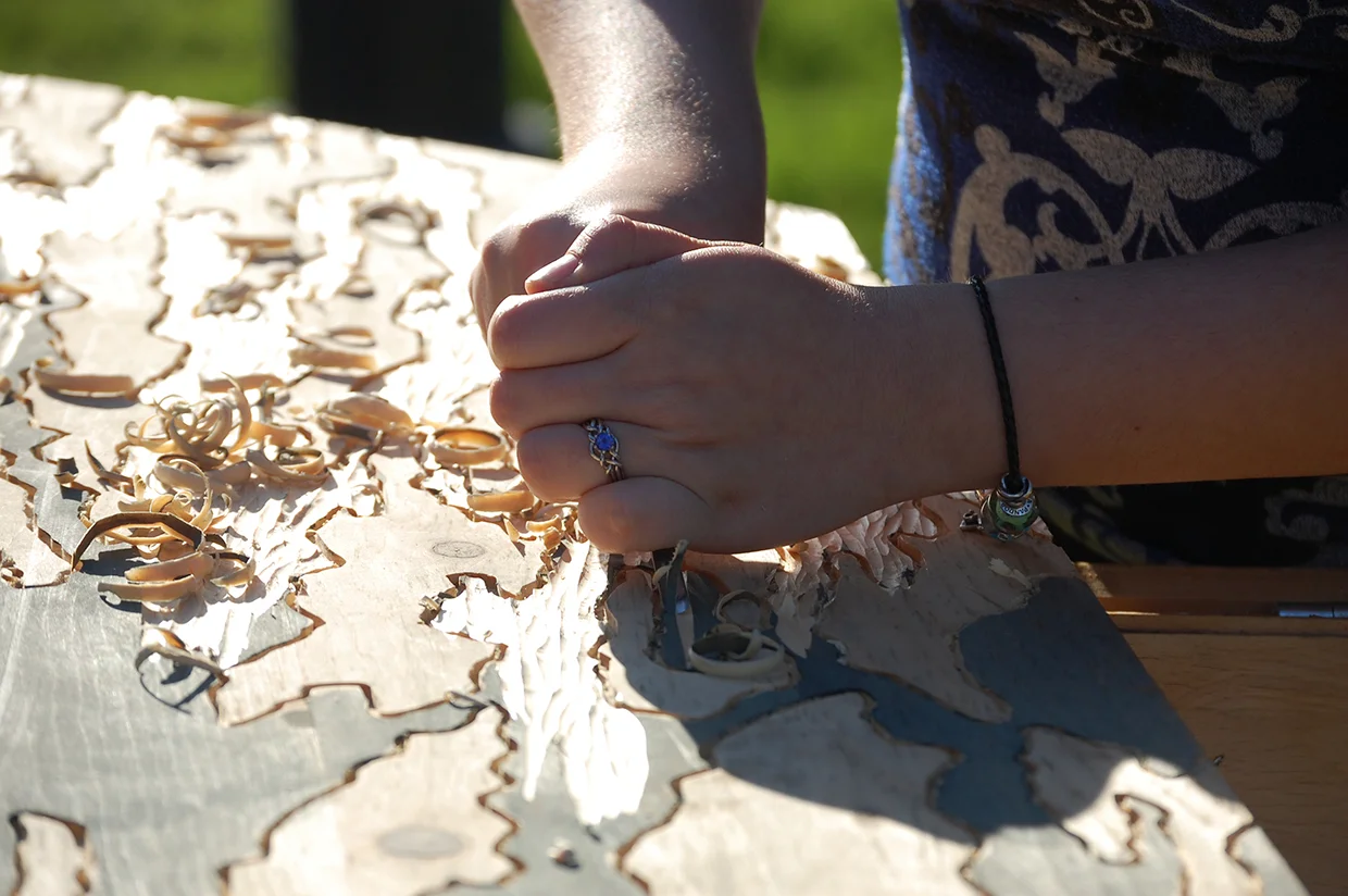    ~ Ripple Effect    Public participant carves harbor water pattern on woodblock panel for FLUID exhibition.&nbsp; &nbsp; &nbsp; &nbsp; &nbsp; &nbsp; &nbsp;  Installation at New House Center for Contemporary Art, FLUID 2015&nbsp;  Snug Harbor,&nbsp;