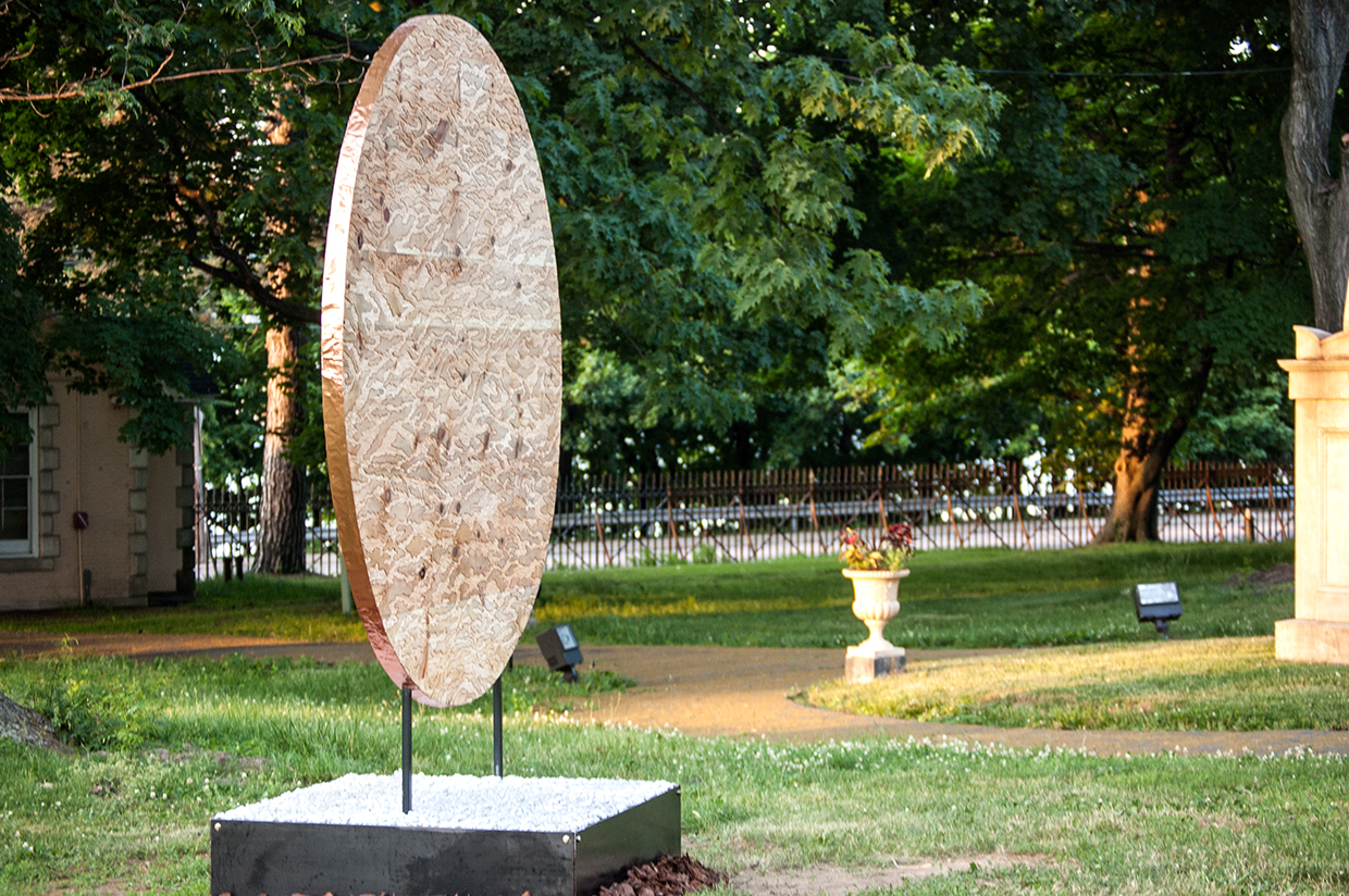 Ripple Effect Carved wood sculpture - pine and spruce, copper, steel and gravel - 7' diameter Installation at New House Center for Contemporary Art, FLUID 2015 Snug Harbor, Staten Island, NY May 2015- March 2016
