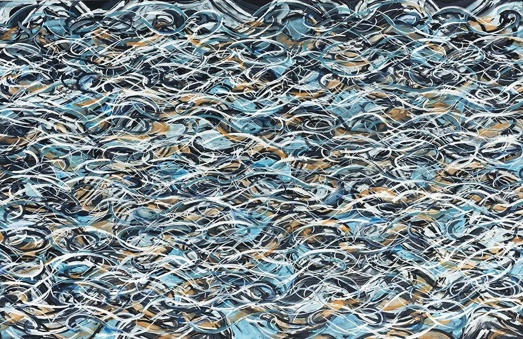 CONTINUUM -Cerulean mixed media painting on paper, mounted to panel ink, gouache, clay slip and polymer 40" x 26" 2014