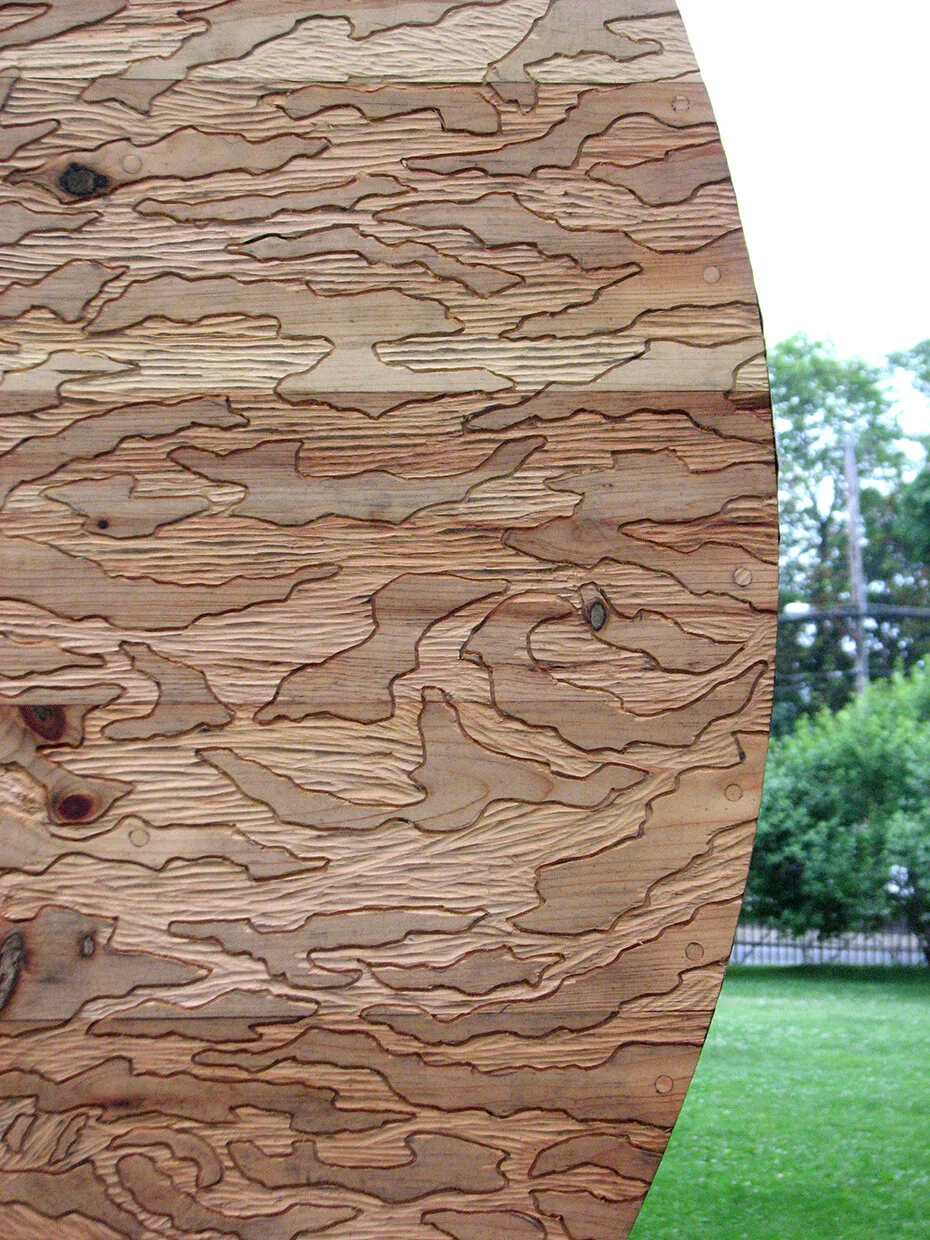    ~Ripple Effect      Carved wood sculpture - pine and spruce,&nbsp;copper, steel and gravel - 7' diameter &nbsp; &nbsp; &nbsp; &nbsp; &nbsp; &nbsp; &nbsp; &nbsp; &nbsp;  Installation at New House Center for Contemporary Art, FLUID 2015 &nbsp;Snug H