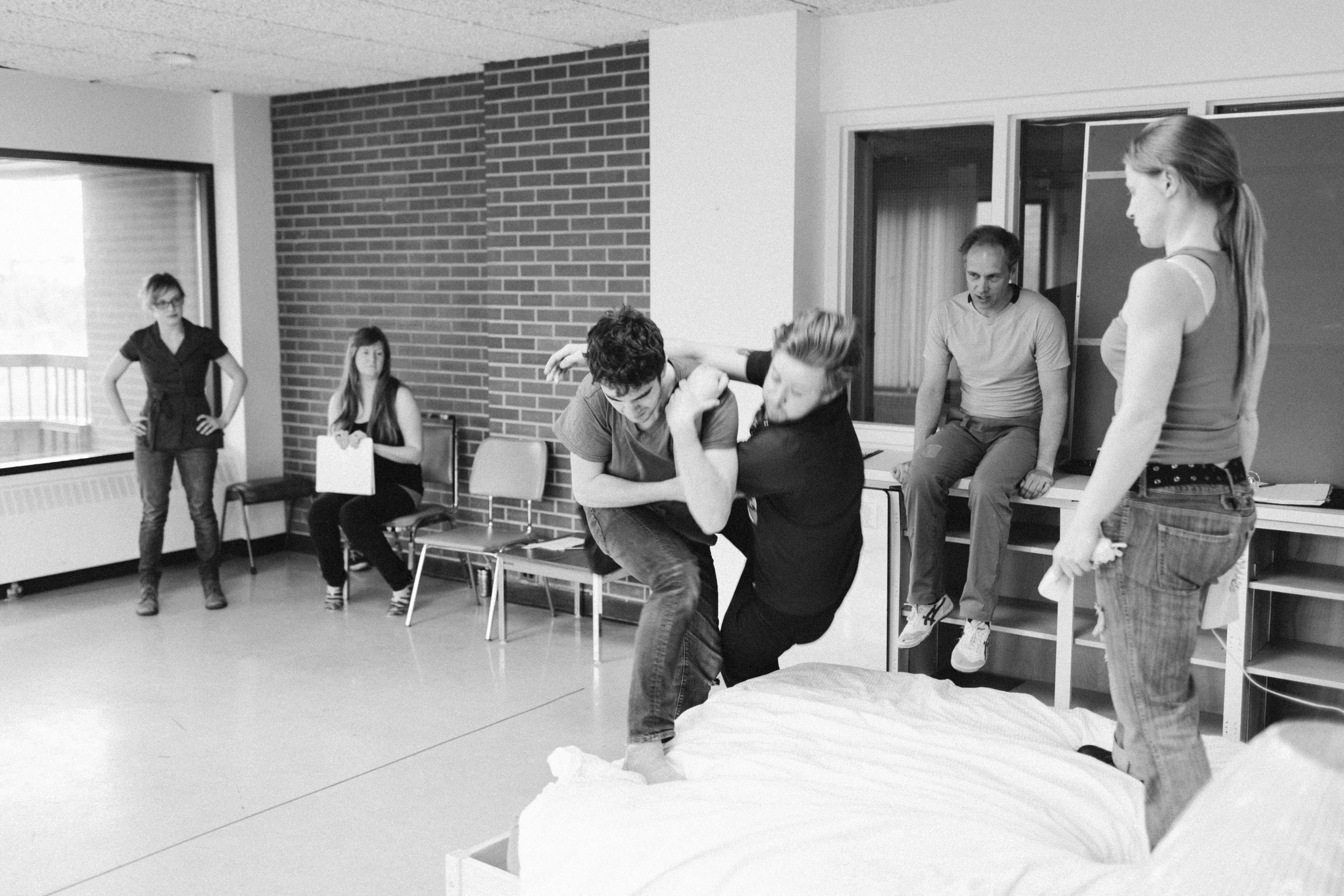 Director Liz Hobbs and Assistant Director Erin Voaklander watch over fight rehearsal led by Fight Director Patrick Howarth. Featuring actors Chris W. Cook (Michael), Oscar Derkx (Dave), and Amber Bissonnette (Loretta). 