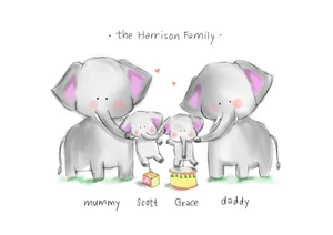 Elephant Family Of Four Portrait Personalised Artwork Little Sketchy