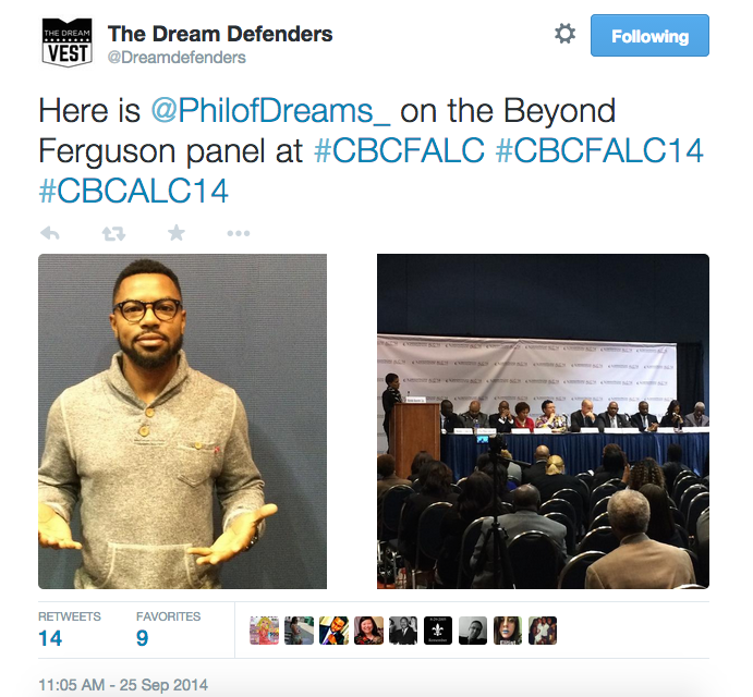 A tweet sent from the Dream Defenders' account during the CBCF Conference explaining that their executive director, Phillip Agnew, had been kicked off a panel.