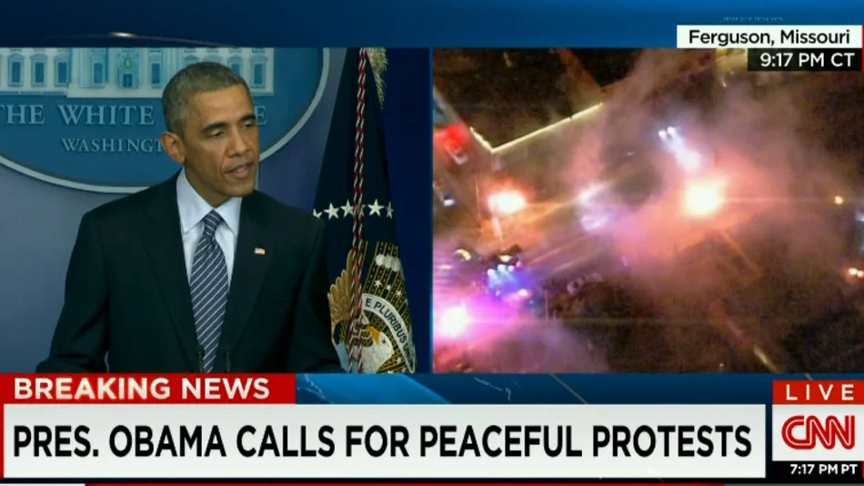 A screengrab from Obama's live comments on Ferguson and the simultaneous scene from the city.