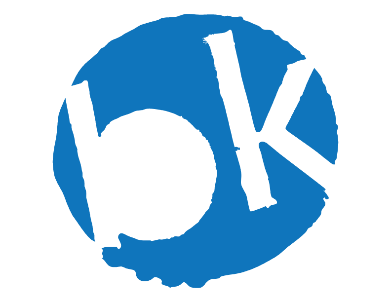 A circular logo with a blue background and black text reading "bk" in a bold, distressed font.