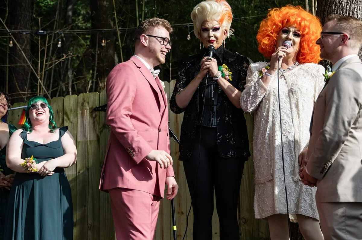 Drag queens officiate a two-groom wedding at the Beer Garden in Atlanta.