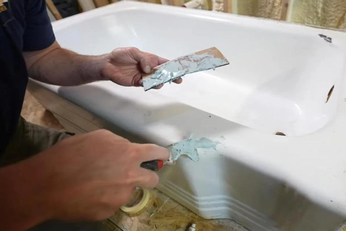 cast iron tub refinish refurbish dents Bondo bathroom remodeling teacher DIY how to