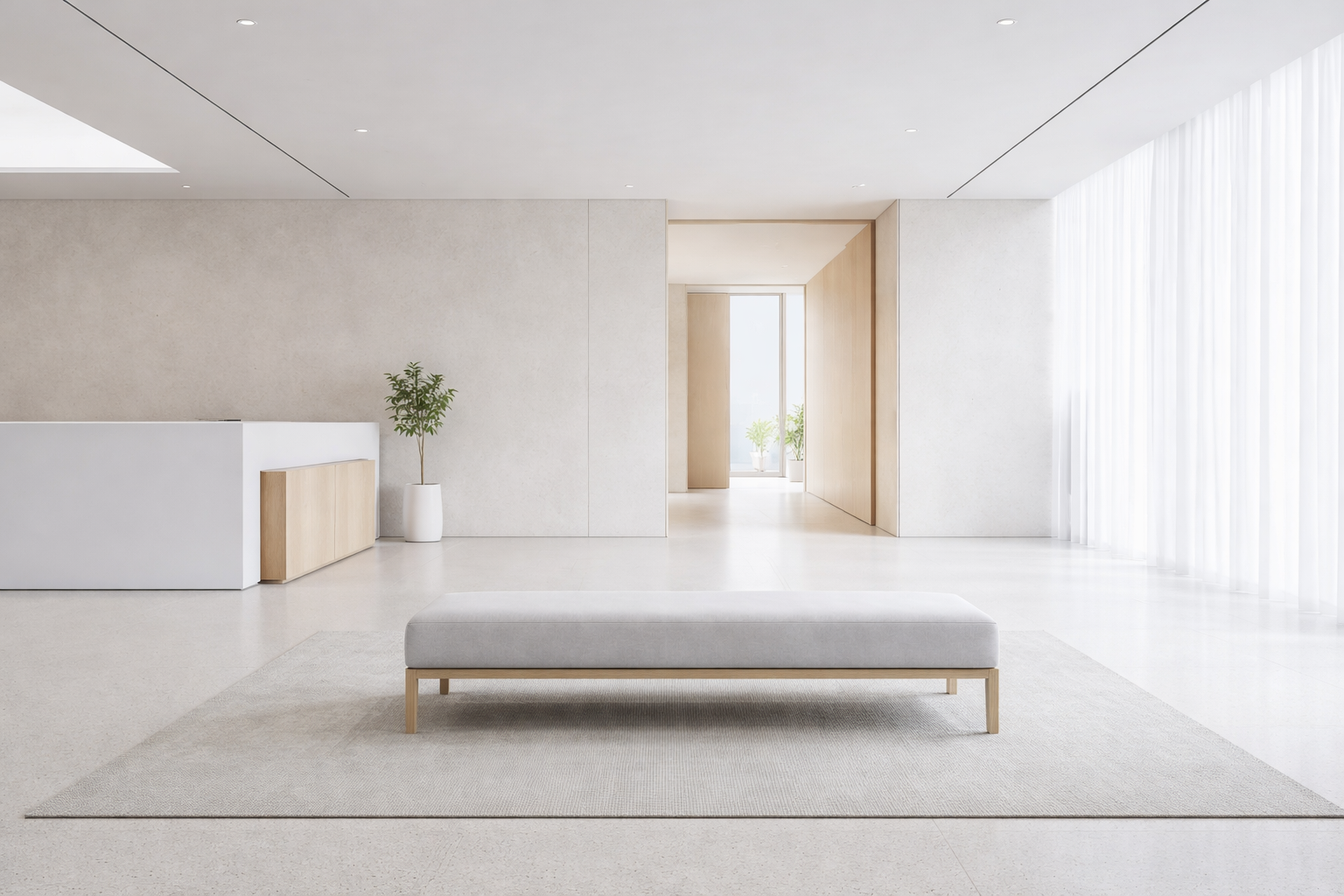 minimalist modern office lobby empty space soft natural light architectural lines white and gray calm atmosphere