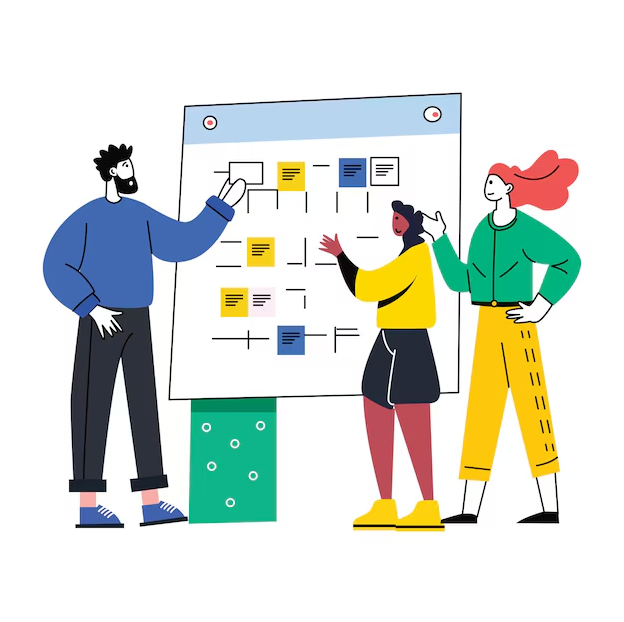 Vector graphic of three people standing in front of brightly colored work board, pointing at sticky notes.