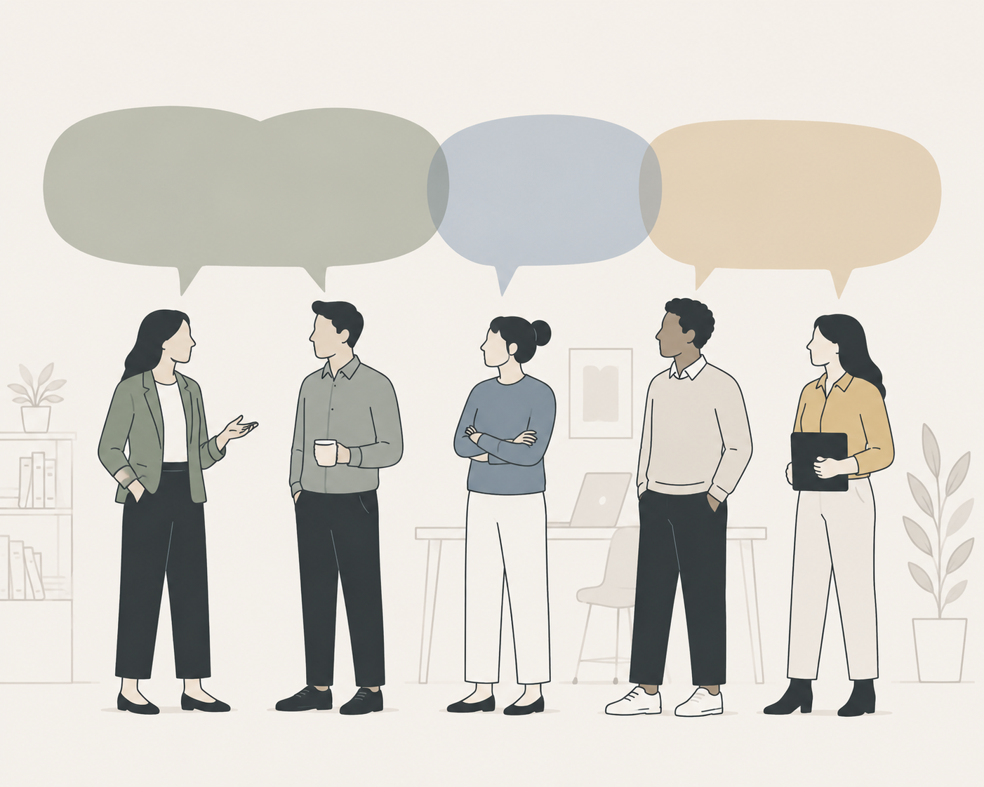 Flat line art illustration with five coworkers with speech bubbles above their heads. Some bubbles are shared and similar colored, some are separate and distinct.