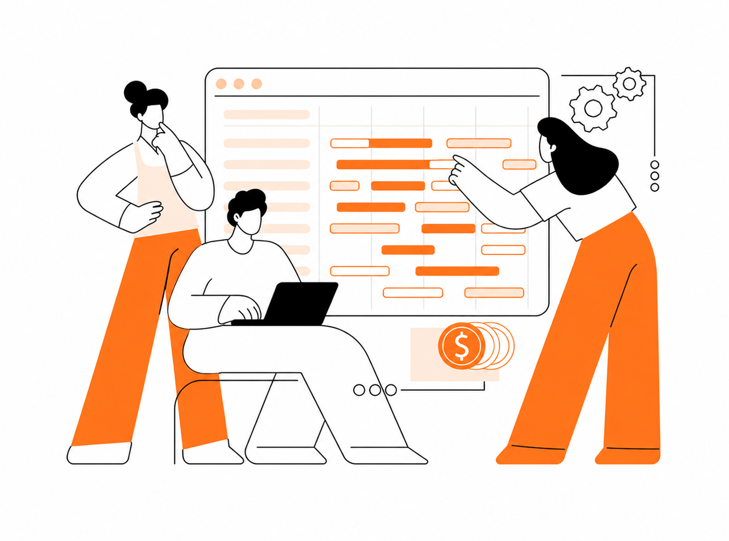 Vector drawing of three team members in front of gantt chart roadmap.