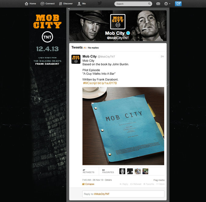 The script of the first episode of “Mob City,” written by the show’s creator, Frank Darabont, will be released in a stream of Twitter messages in its entirety — except for the ending. The tweets will include multimedia from the show.