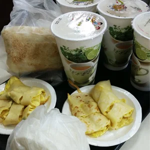 Typical Taiwanese breakfast: Egg Pancakges and Soymilk
