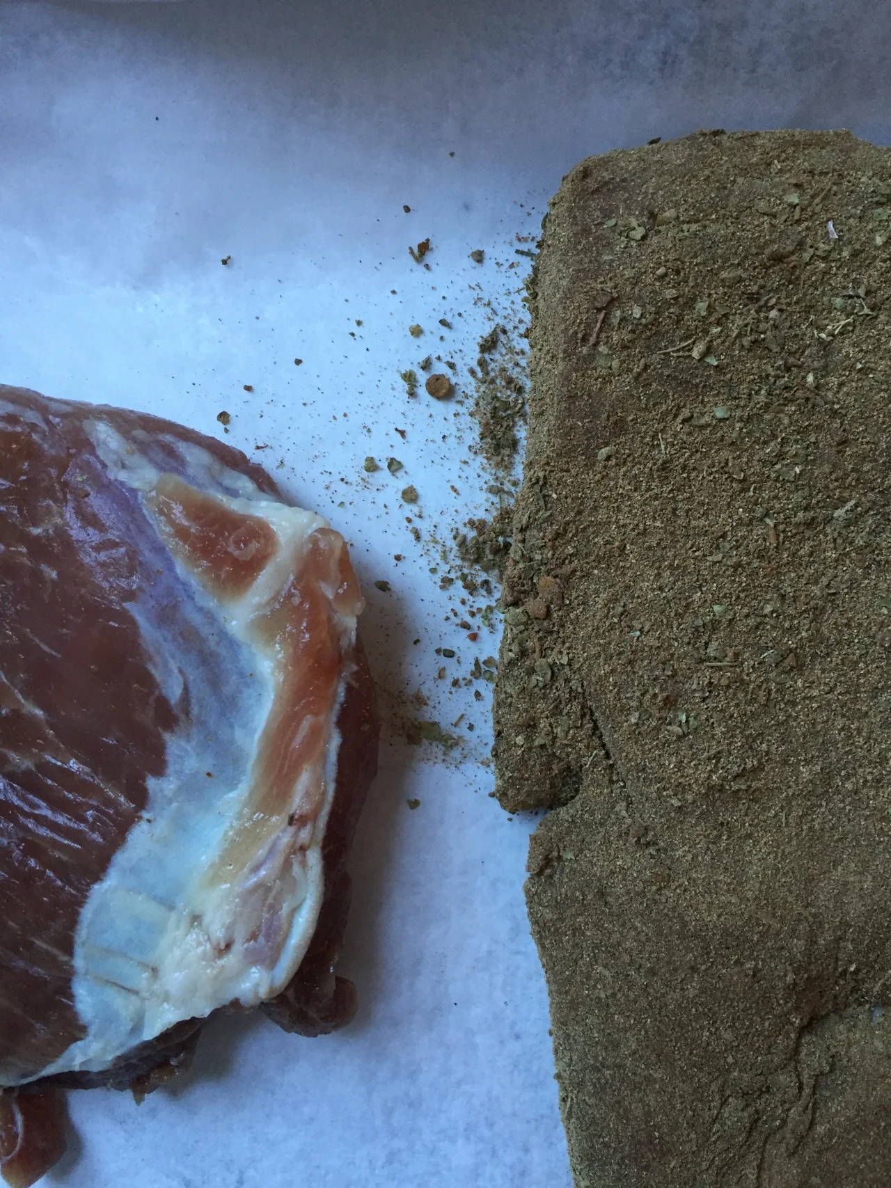 When we took it out of the fridge from the cure and dusted it with the rub before the smoker....