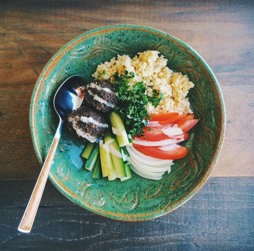 Falafel-Couscous Bowl with Tangy Tahini Dressing