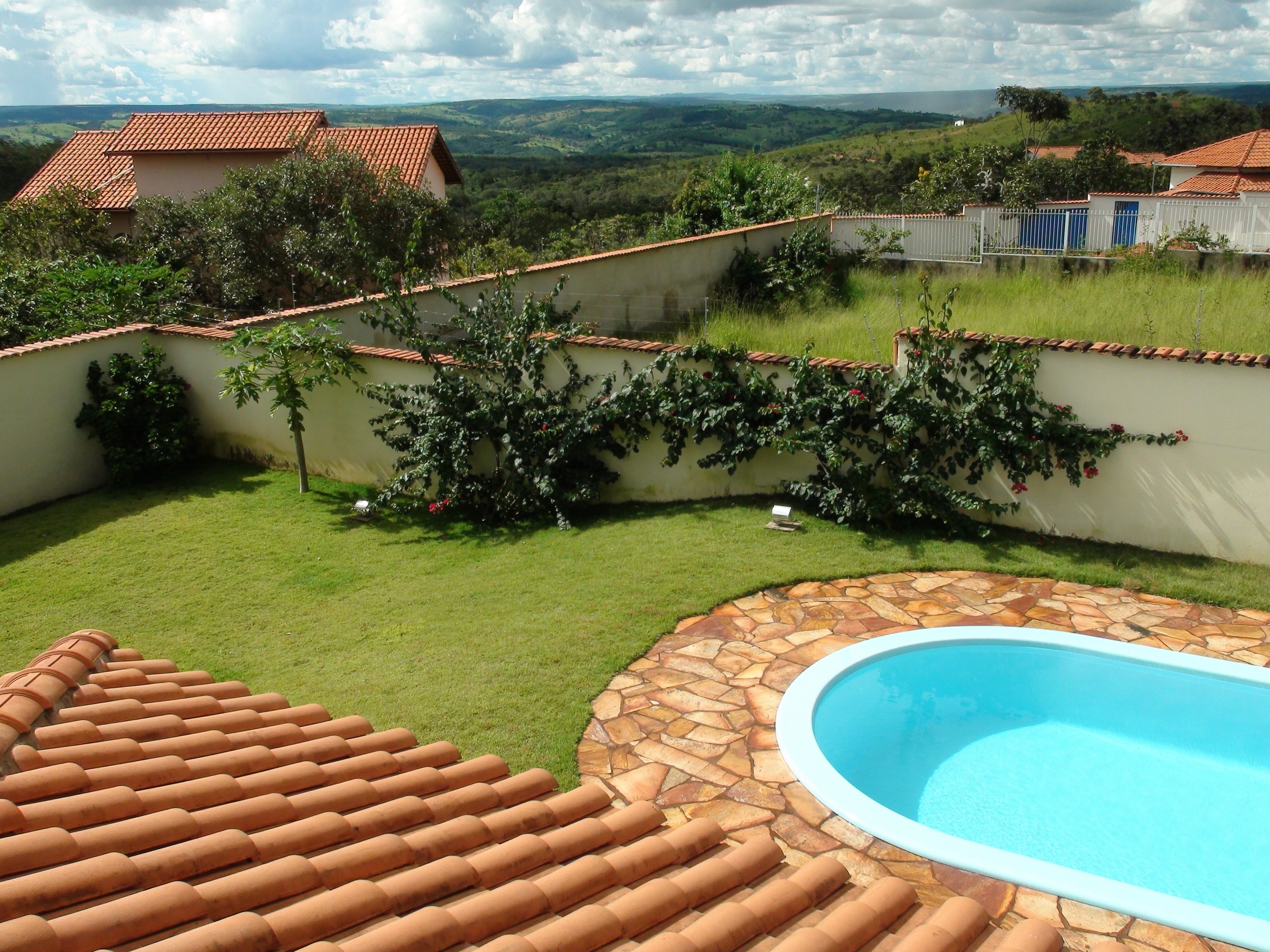 Looking from the covered bedroom terrace of "Casa de Luz" in Abadiania toward the "Waterfall" region of the Casa de Dom Inacio.