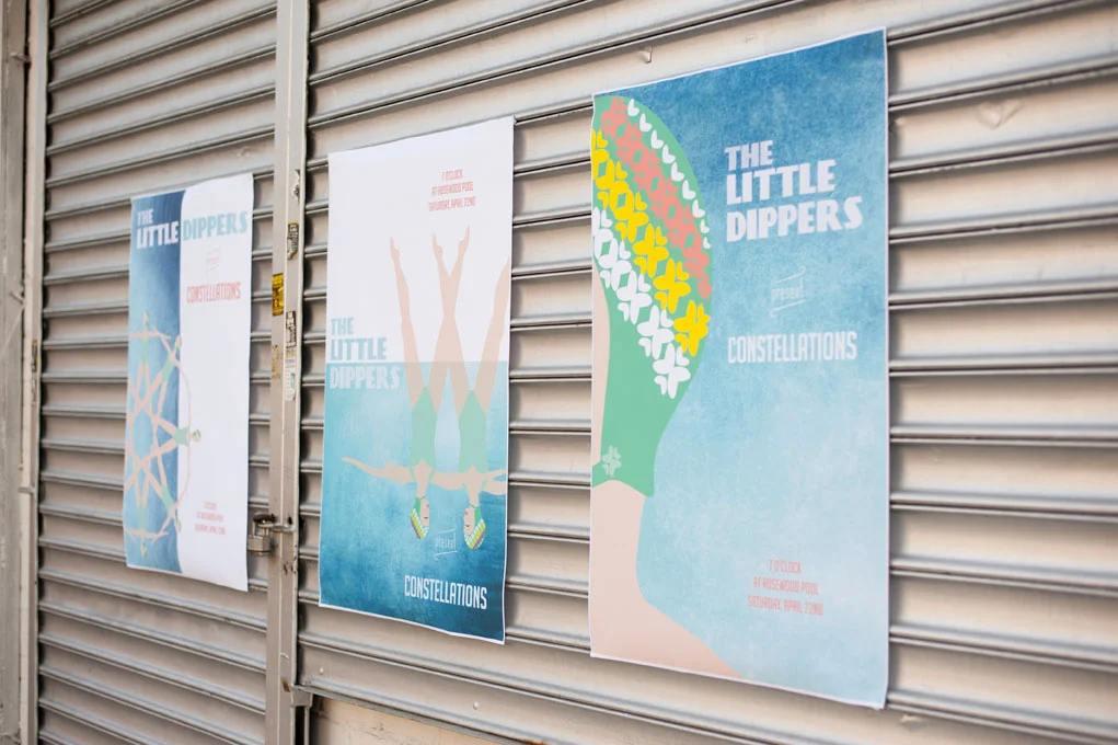 Concept // A three poster series called, The Little Dippers present Constellations. This series draws from the synchronized swimmers of the past, French Poster Art and the shapes swimmers make while they are in the pool.