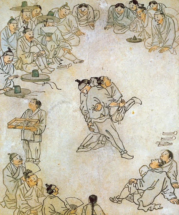 “Ssireum (Korean wrestling)” by Kim Hong-do (pen-name: Danwon, 1745–1806) (Joseon, 18th century) - This genre painting by Kim Hong-do, one of the greatest painters of the late Joseon Period, vividly captures a scene of traditional Korean wrestling where two competing wrestlers are surrounded by engrossed spectators.