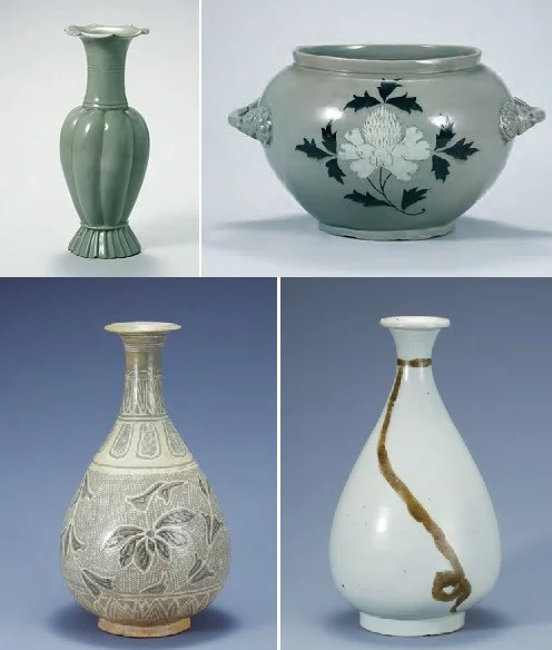 Celadon Melon-shaped Bottle (Goryeo, 12th century) Celadon Jar with Peony Design (Goryeo, 12th century) Buncheong Bottle with Lotus and Vine Design (Joseon, 15th century) White Porcelain Bottle with String Design in Underglaze Iron (Joseon, 16th century)