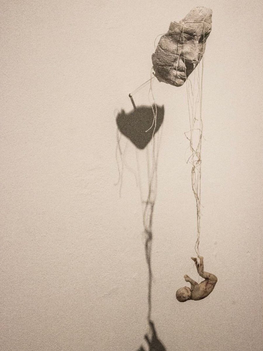 Gypsum, fiber, clay, wax, acrylic
&amp; pen on paper.