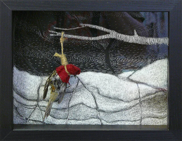 Hangbird, 2012. Scratchboard, found objects.