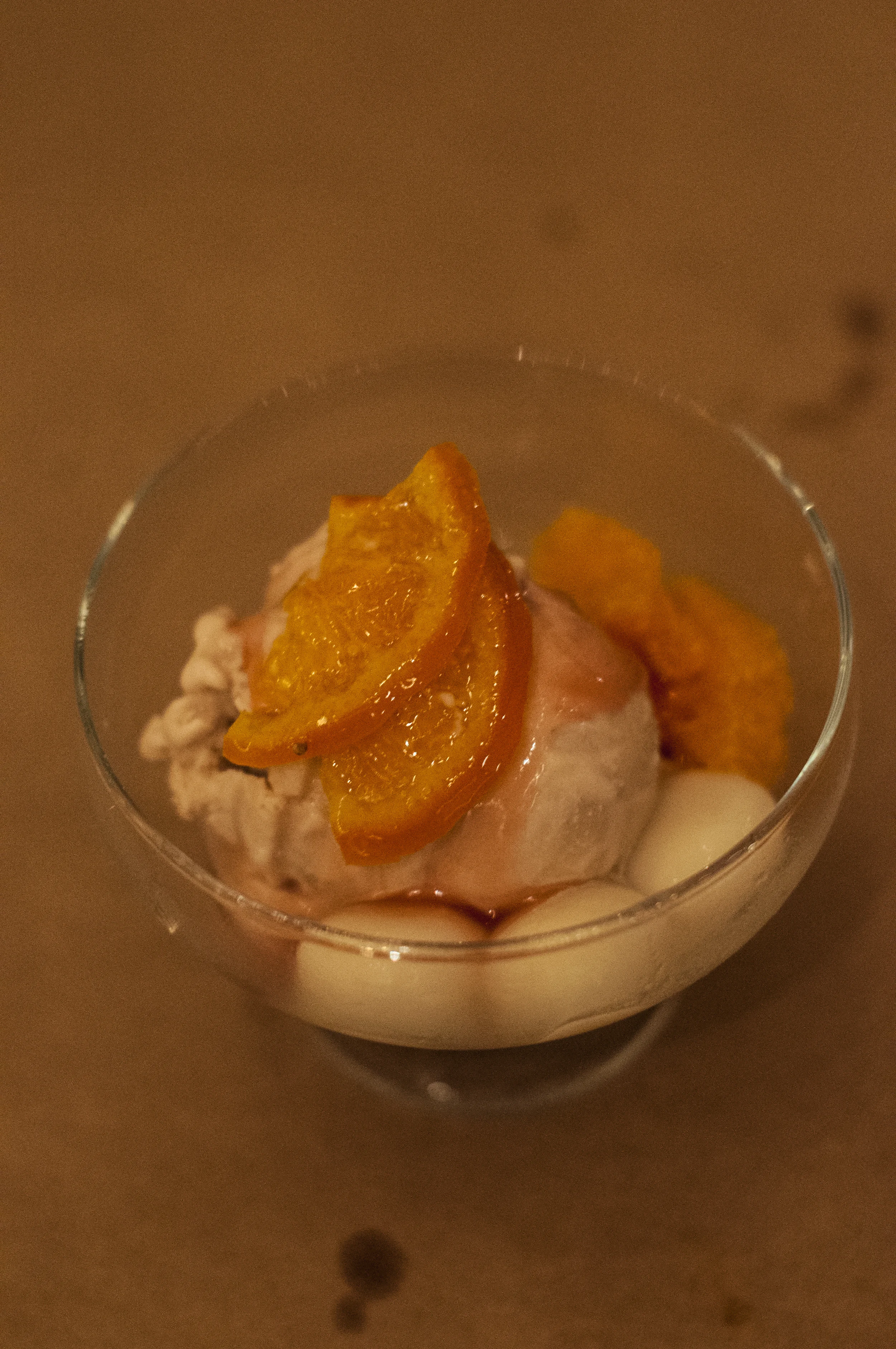 Blood Orange Ice Cream with Candied Oranges and Mochi