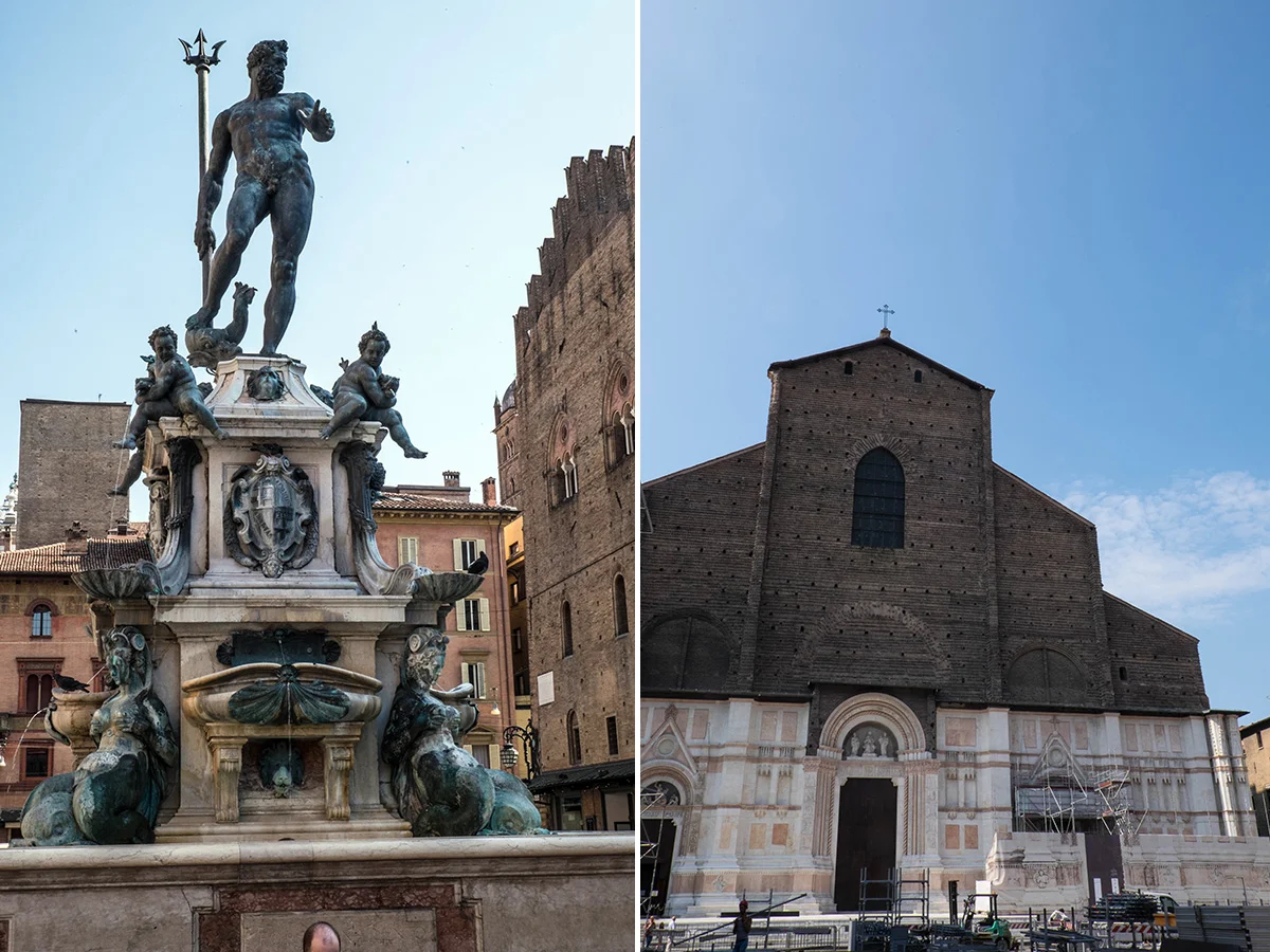 Left - Fountain of Neptune. Right - Basilica di San Petronio is the city's largest church and construction started over 600 years ago.