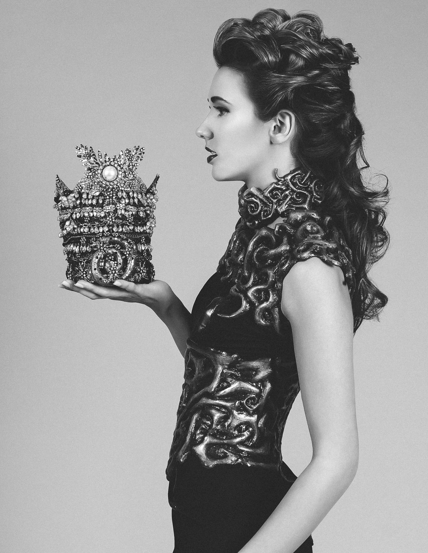 Last but not least, love the detail in the dress, hair, and the crown. The whole shoot came about very last minute. The idea for this shot came from the first shot you see in this blog. Similar extreme profile of the face and creating lots of triangle shapes in the composition. Its all about those triangles.