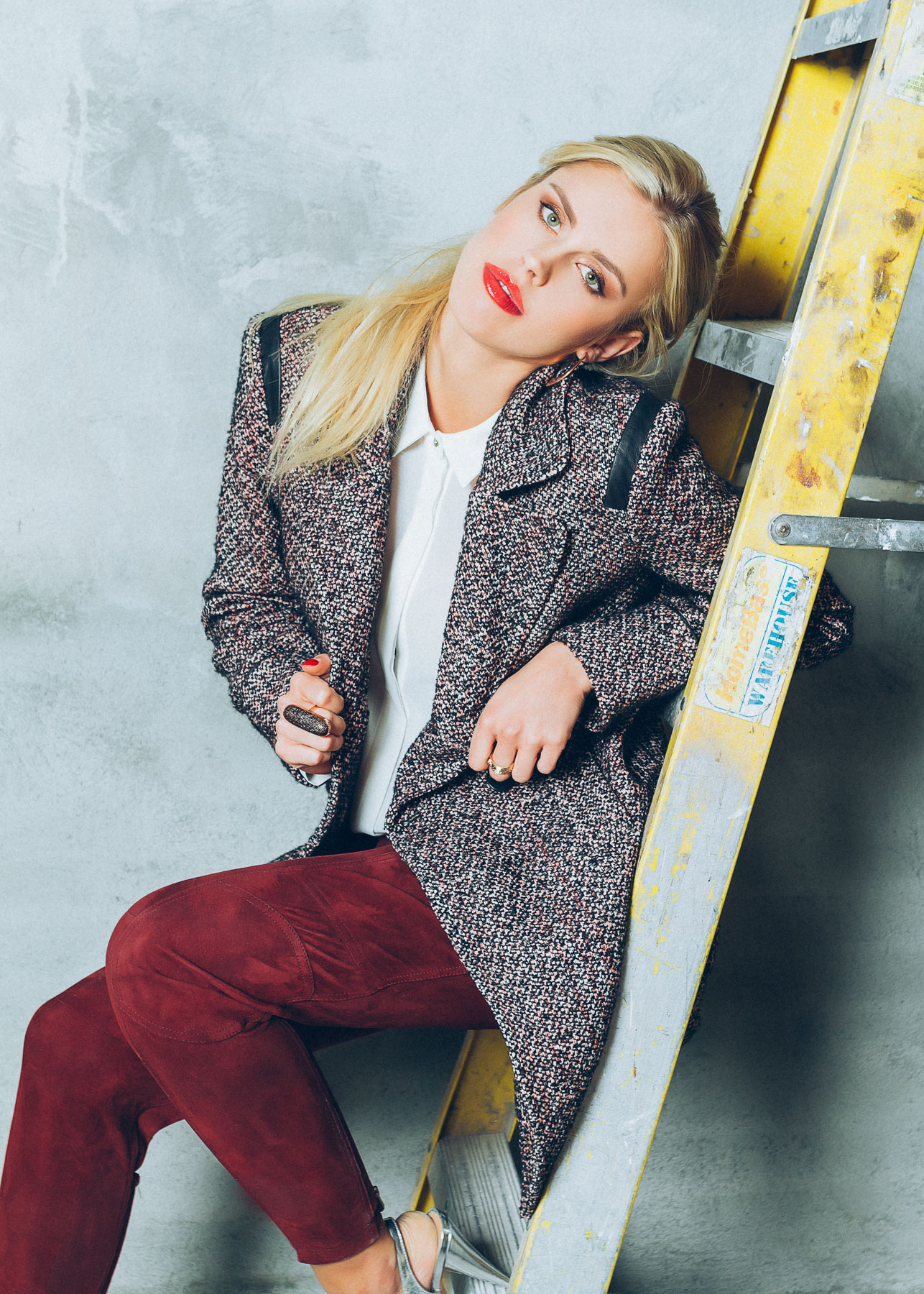 I had always wanted to shoot with a ladder in front of a concrete cement wall. Well, we got to do this with some amazing fall fashions from Rebecca Minkoff. And that too in a dangerous manner. We were shooting behind the yellow caution tape of the construction zone. Too bad it wasn't the cover selection for this Locale magazine editorial. Its an outtake and I love it.