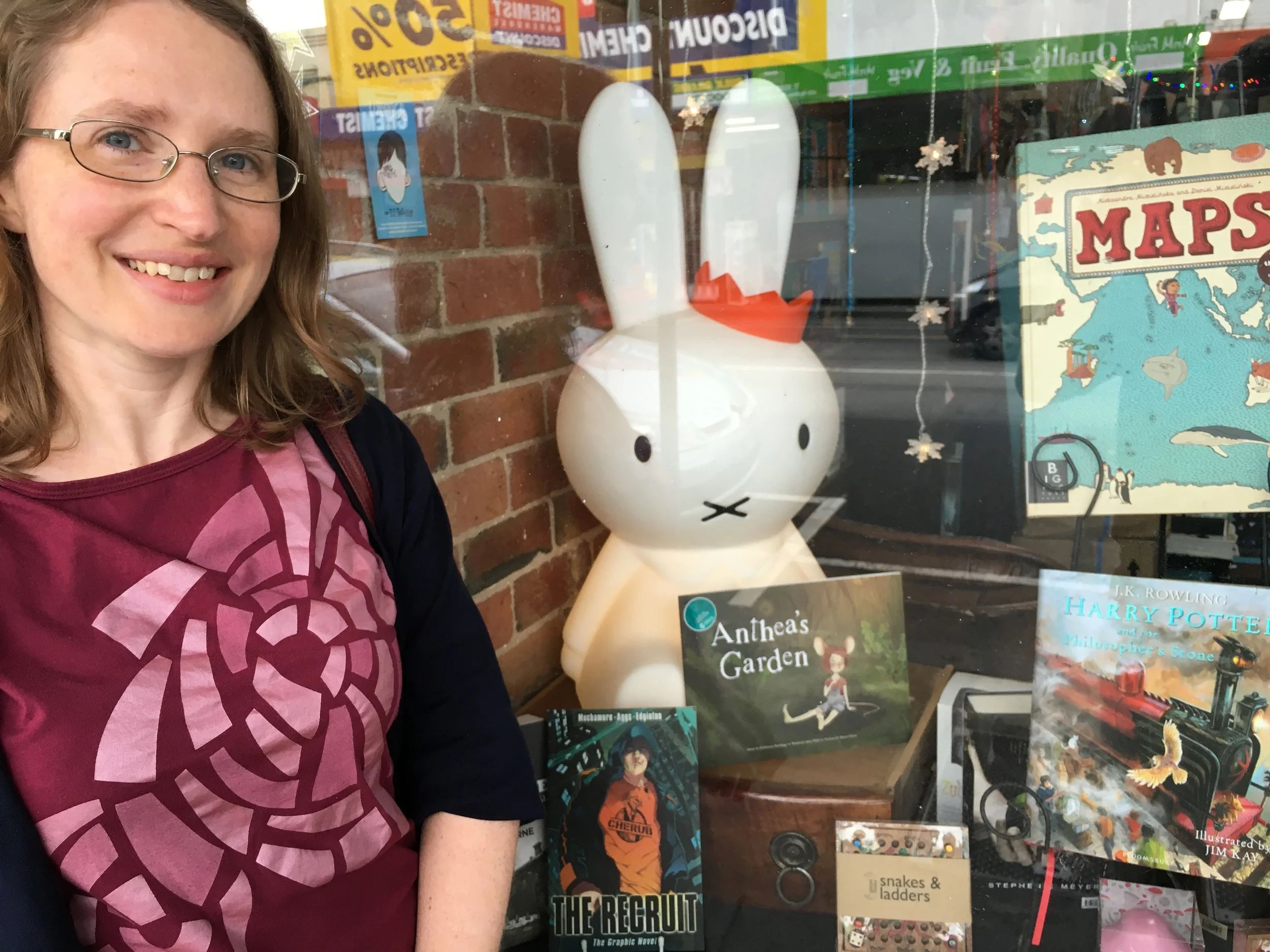 "Anthea's Garden" appears in the shop window of "Pictures and Pages", Coburg.