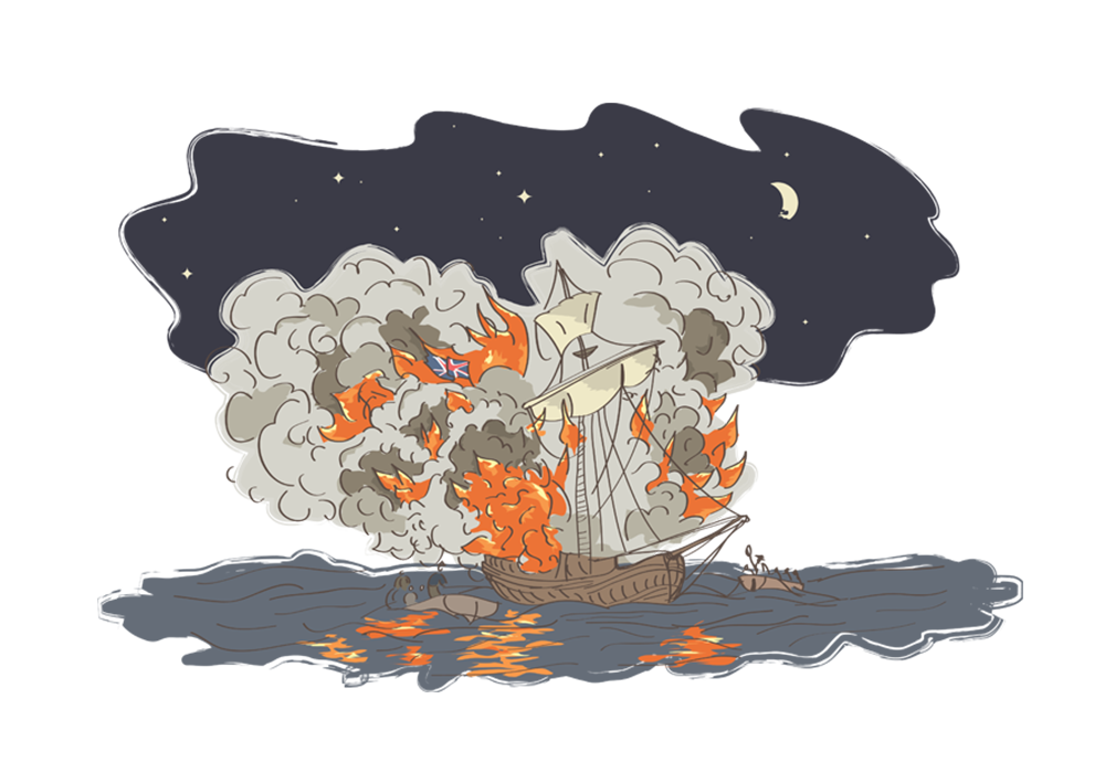 Illustration of the burning Gaspee by Studio Pie