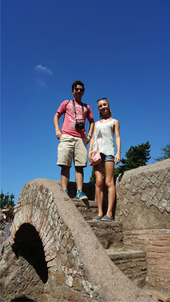 Sarah and Matteo atop the remains of an ancient staircase.