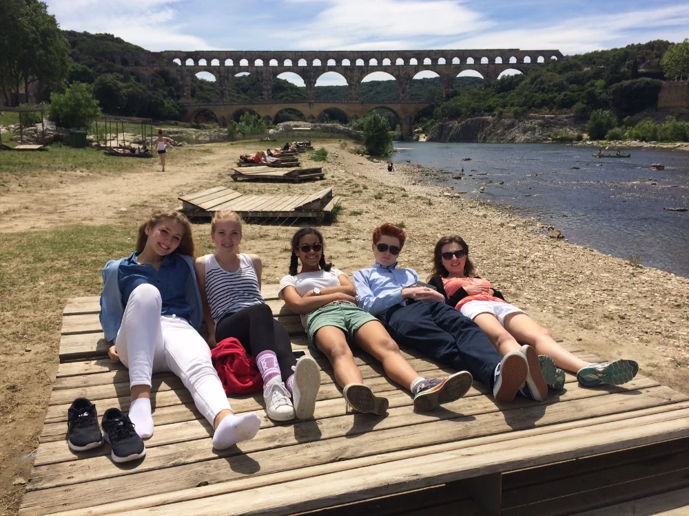 Taking a break from Caesar by the Pont du Gard.