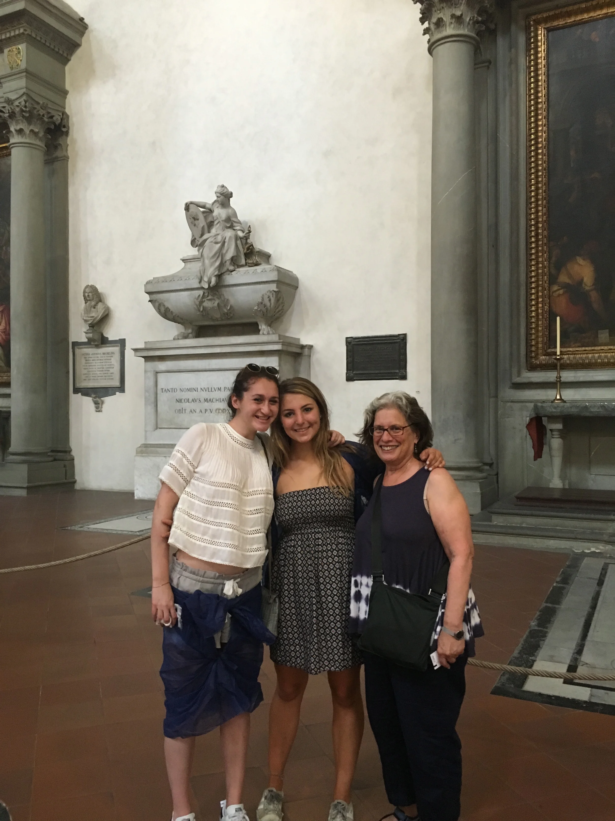 Margot, Emma and Meg in front of Machiavelli's tomb at Santa Croce