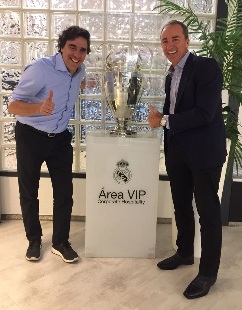 Carlos, Champions League Trophie and Dario in Santiago Bernabeu Stadium, Madrid