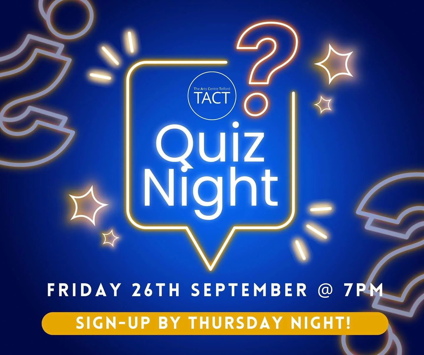 🌟 QUIZ NIGHT FRIDAY - SIGN-UP BY TOMORROW NIGHT!

🌟 It&rsquo;s our annual quiz night on Friday night at 7pm - make sure you&rsquo;ve signed your teams up by tomorrow night! Sign-up here: https://www.theartscentretelford.com/sign-up/wine-pakora-sing