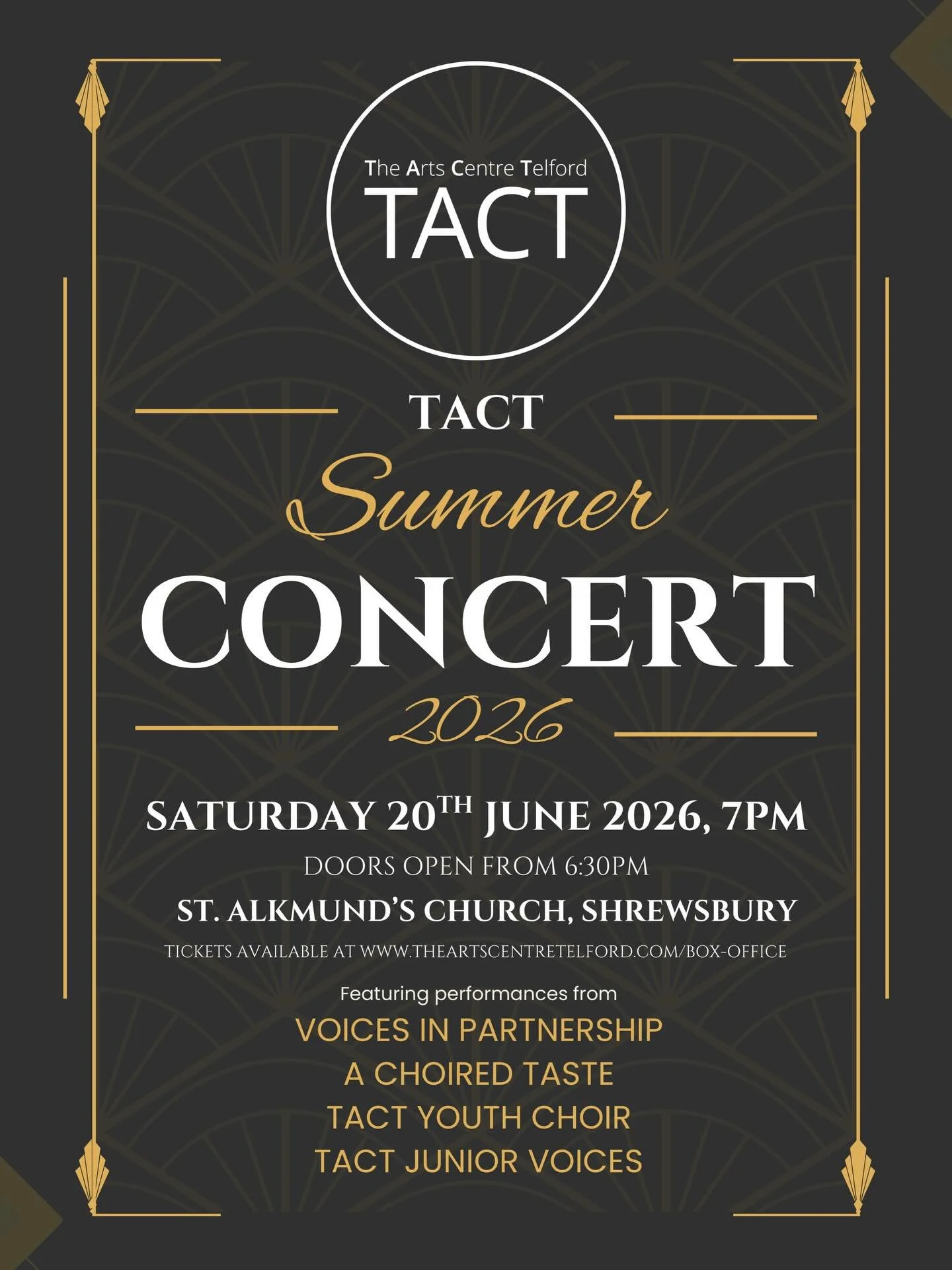 🎶 TACT SUMMER CONCERT 2026 - CHORAL CONCERT AT ST. ALKMUND&rsquo;S IN JUNE 2026

🎶 Join us for a beautiful evening of choral music as all four TACT choirs come together in concert at the stunning St. Alkmund&rsquo;s Church, Shrewsbury.

✨ After the