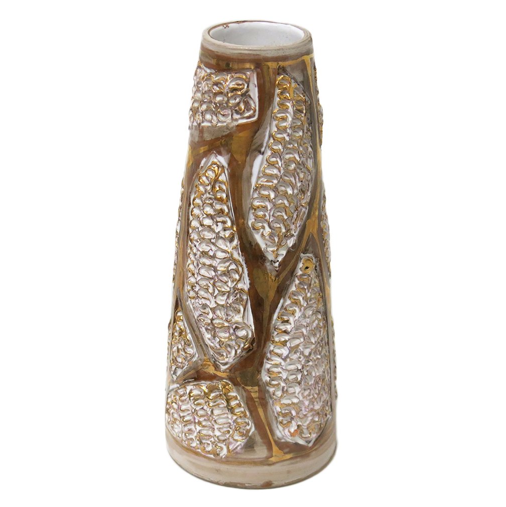 White and metallic gold ceramic vase: $180