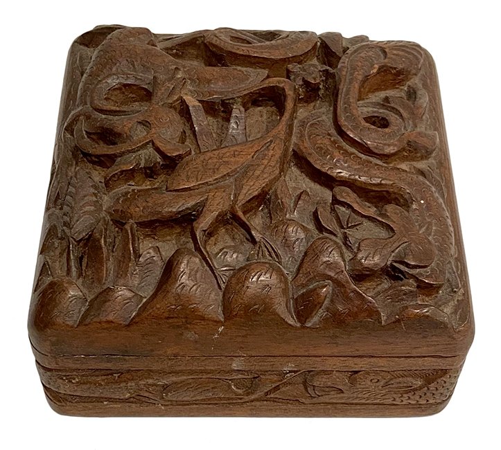 Carved wood box with peacock: $48
