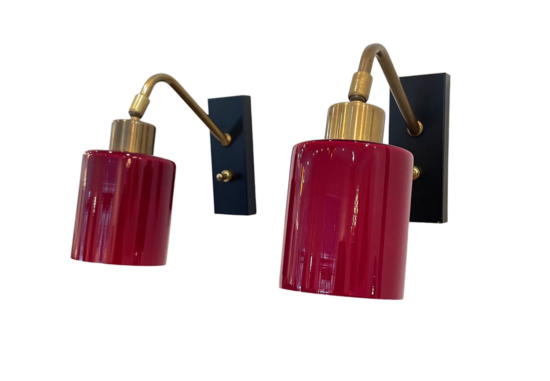 Vintage Danish lighting. Red barrel sconces.