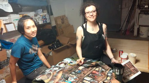 Mei Ge and Buket Savci hard at work at Klein Sun Gallery, pre-painting Liu Bolin's jacket to blend in with the iconic Boom Boom Room bar.