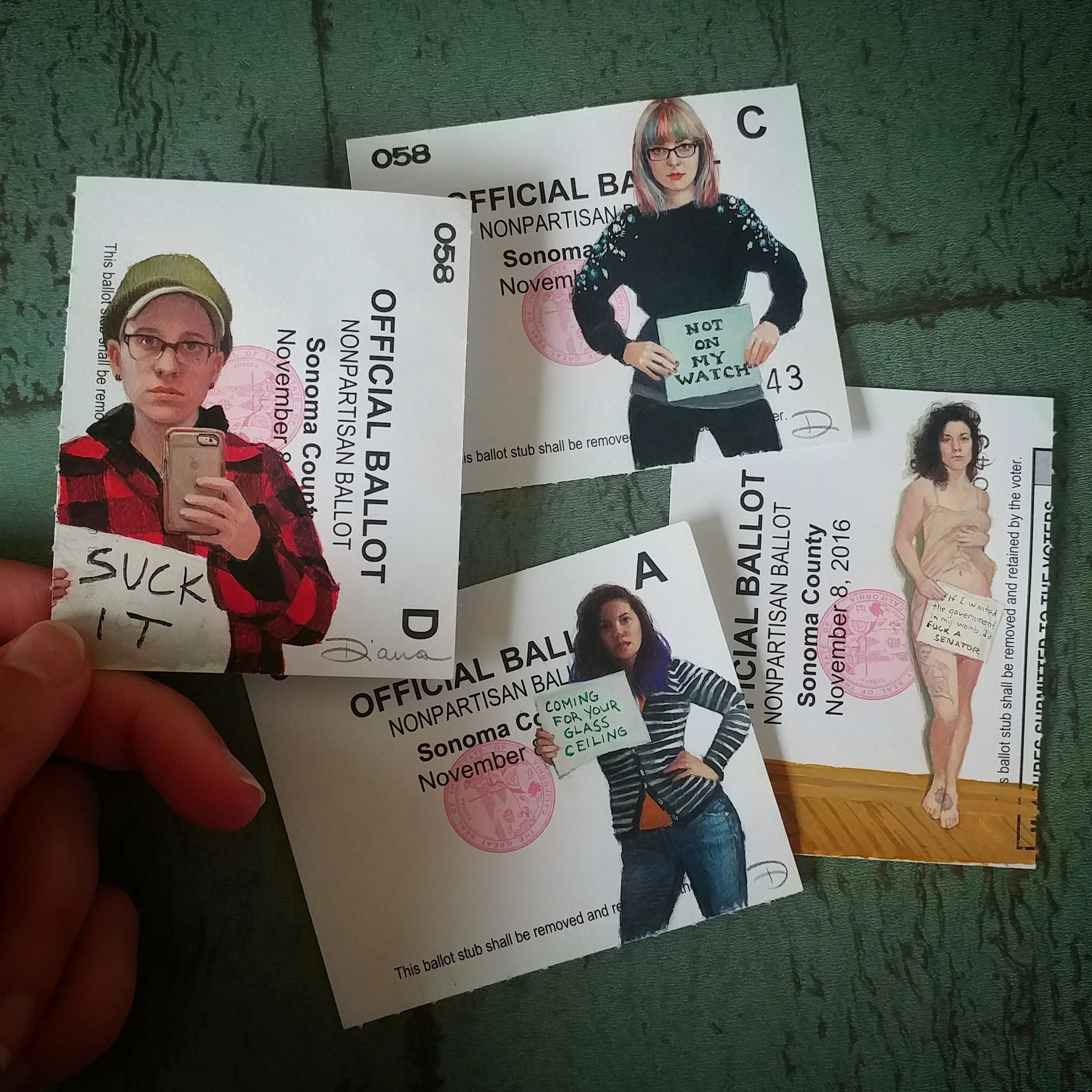 I created this limited series of miniature paintings on my four 2016 ballot stubs in response to the incoming administration. Each are being sold for $100 to benefit Planned Parenthood.